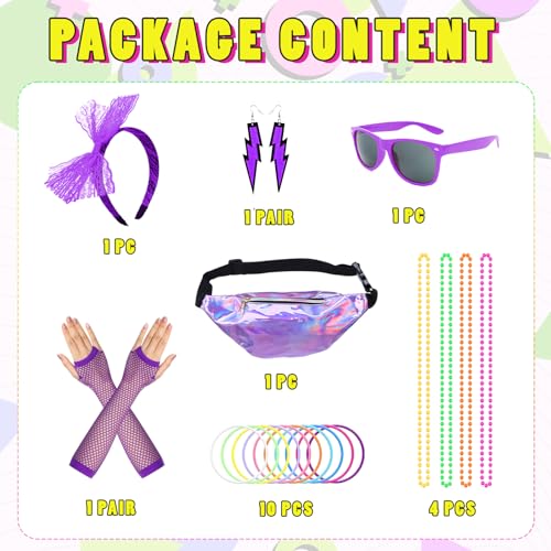 Aleshime 80s Costume Accessories for Women Girls, 1980s Party Costume Accessories Bumbag Earrings Fishnet Gloves Necklace Glasses Bracelet Headband, Retro Outfit for 80s Party/Dress up Day(Purple)
