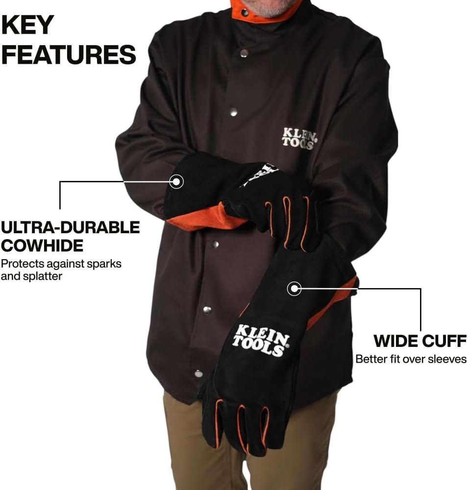 KLEIN TOOLS MIG Welding Gloves, Split Cowhide Leather, Flame-Resistant Fleece Liner, Reinforced Palm, Thumb, and Index Finger