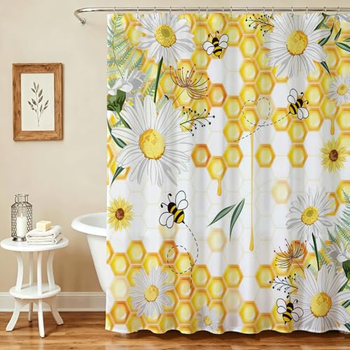 Lindameler Bee Shower Curtain Set Yellow Honeycomb White Daisy Shower Curtain for Bathroom Honeybee Fabric Shower Curtain with 12 Hooks 72x72 Inches