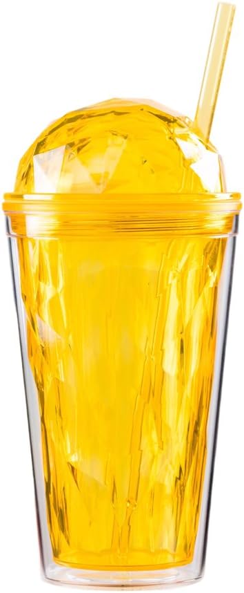 4SGM BO1700022 Bewaltz Diamond Crystal Double Wall to Go Cold Cup Tumbler with Straw Bpa Free 16 oz, Vacuum Insulated Travel Mug, Yellow, Multi