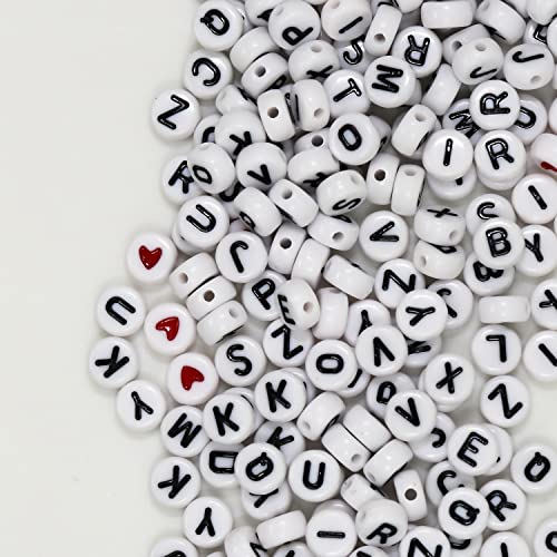 Image of 1450Pcs Letter Beads, Acrylic 4x7mm Round Letter Beads Kits, Alphabet Beads A-Z and Red Heart Black Star Beads for Bracelets Necklaces DIY Jewelry Making (White) | 1450Pcs, Red Heart Black Star Beads, For Bracelets Necklaces Jewelry Making