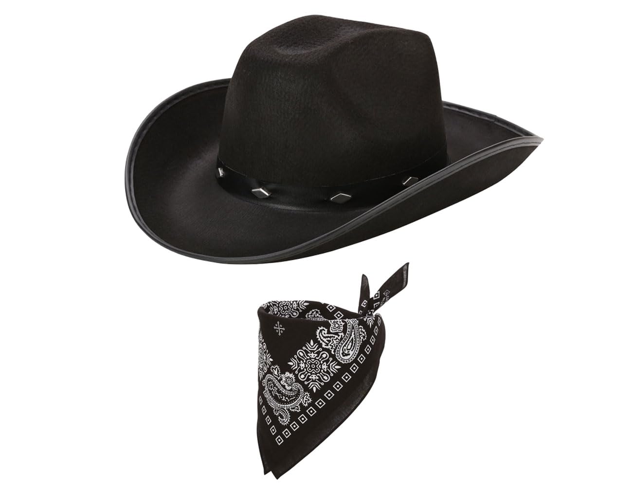 Black Western Cowboy Hat and Bandana for Men, Hen Stag Fancy Dress, Cowgirl Hats, Adult Party Accessories, 56cm
