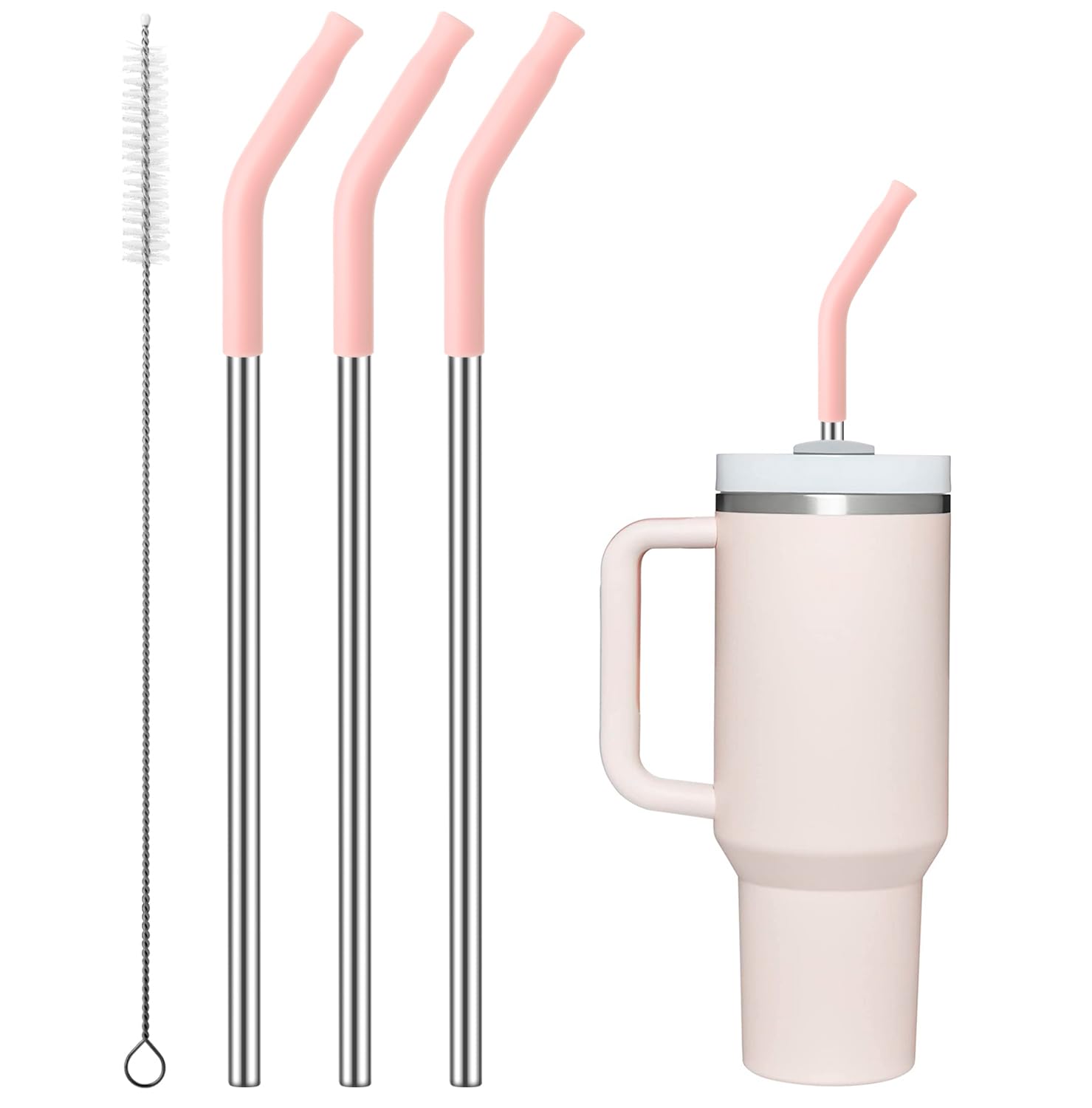 Metal Straws with Silicone Tip for Stanley 40 oz Tumbler,Reusable Straws for 40 oz Tumbler,3 Straight 13.3" and 3 Light Pink Silicone StrawTips,1 Straw Cleanr Brush