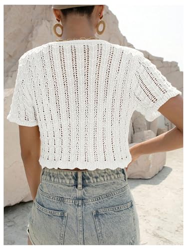 SHENHE Women's Short Sleeve Tie Front Knit Cropped Sweater Lightweight Summer Cardigan Knitwear3