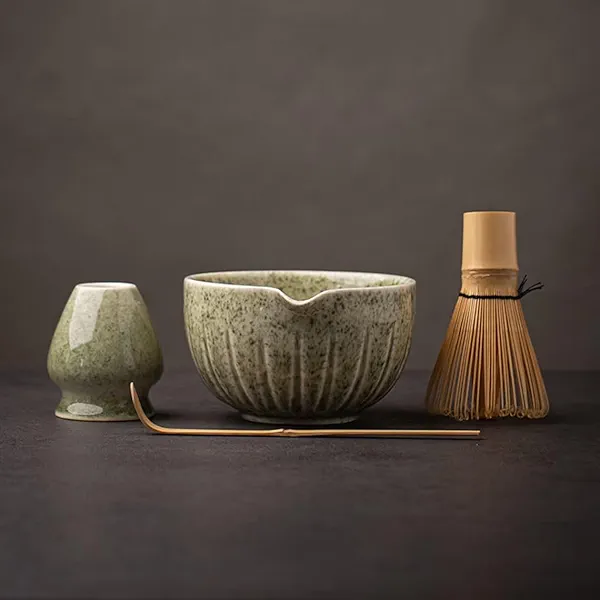 TANG PIN Matcha Set - Match Bowl with Spout and Whisk, 15 OZ, Matcha Scoop | Matcha Whisk Stand (Chasen Holder) - 4pc Perfect Matcha Kit for Matcha Tea Ceremony (Mottled Green)