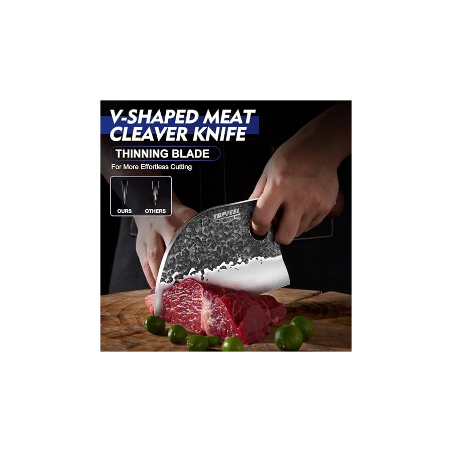 Topfeel 3PCS Butcher Knife Set, Hand Forged Serbian Chef Knife & Meat Cleaver Knife & Viking Knives, Meat Cutting Kitchen Knife Set for Home, Outdoor Cooking, Camping BBQ Gift Idea Men