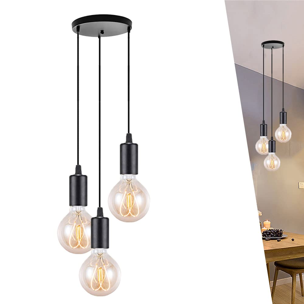 Lámpara de techo colgante, color negro, 3 focos, moderna, con casquillo E27, de metal, para cocina, comedor, salón, restaurante, dormitorio, pasillo