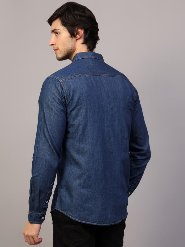 Image of Men's Denim Shirt with Regular Fit Solid Pattern Long Sleeve Collared Neck and Button Down Closure|Men Denim Shirt