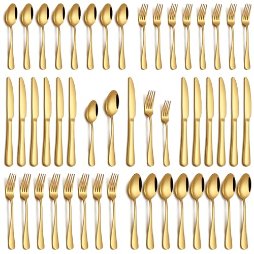 PHILIPALA 40 Piece Gold Silverware Set, Stainless Steel Flatware Set for 8 Food Grade Cutlery Utensil Set Include Knife Fork Spoon Mirror Polished Dishwasher Safe