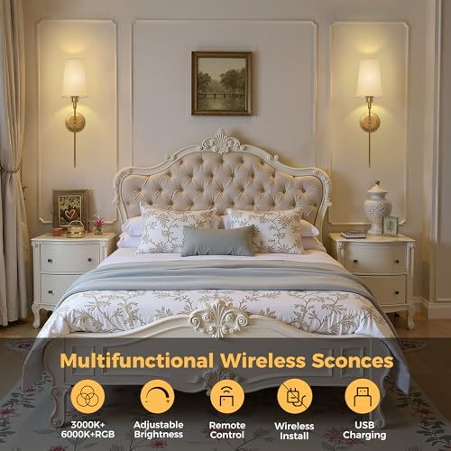 Image of DORESshop Battery Operated Wall Sconce Set of 2, Wireless Wall Light Easy to Install, 15 Color Rechargeable Wall Sconces, Sconce Wall Decor Set of 2 for Bedroom, Living Room, Gold, 27in