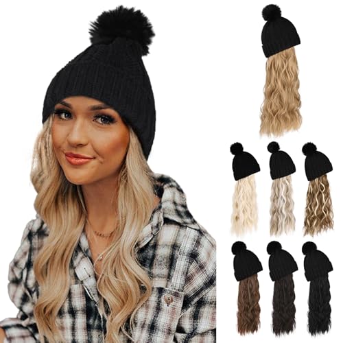 Flufymooz Beanie Wig, Hat Hair Extension Long Wavy Curly Black Hat Wig with Faux Fur Pom, Attached 20 Inch Synthetic Hairpiece for Women Girls Winter （Dirty Blonde）