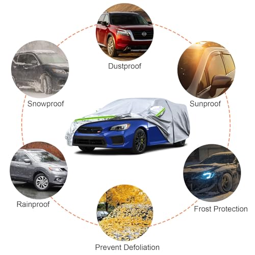 Image of Waterproof Car Covers Replace for 2014-2025 Subaru WRX, 6 Layers Silver All Weather Car Cover with Zipper Door & Windproof Bands for Snow Rain Dust Hail Protection