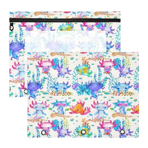 Fisyme Watercolor Cute Axolotl Binder Pockets Pencil Pouch for 3 Ring Binder A4 Zipper Document Folders