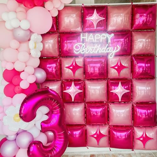 32PCS Hot Pink Square Foil Balloon Wall Double Sided, Metallic Bright Pink and Light Pink with Star Balloons Backdrop Flat Tunnel Foil Magenta Background for Girls Women Princess Birthdays Baby Shower by Froova - Used condition - Image 4