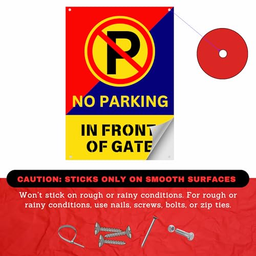 Image of No Parking in Front of Gate Sign Sticker Board 29 x 20 CM | Waterproof Printed Sign with Pre-Made Holes | Peel & Stick or Screw Fix | Pack of 1 (No Parking, A4 - Medium - 1 Piece)