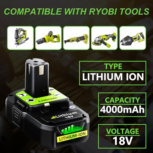 Image of Replacement for Ryobi 18V Battery: 4.0Ah Lithium-Ion for P107 P108 P109 Cordless Power Tools Craft Creator Woodworker Gardening Work 1 Pack