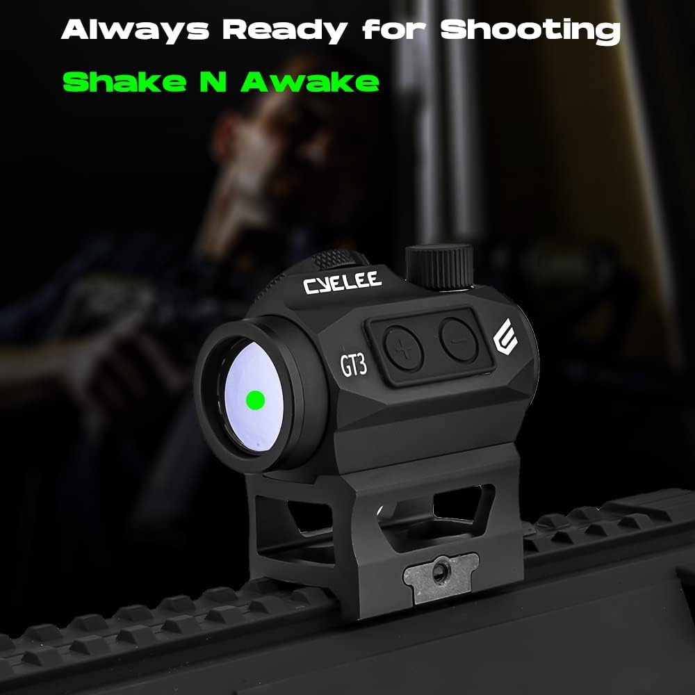 Cyelee GT3 Green Dot Sight for Rifles, Compact 1x20mm 3MOA Shake Awake Reflex Sight, Picatinny Gun Sight with Absolute Co Witness Riser