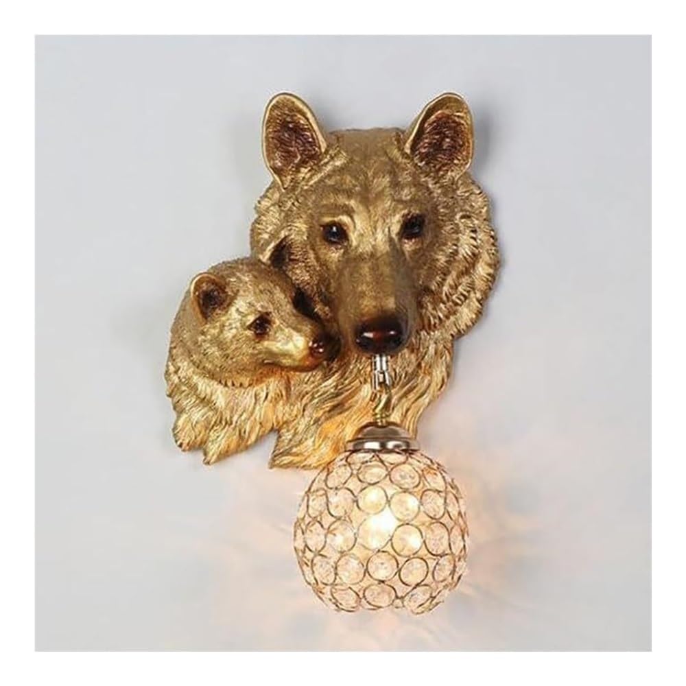 OZBMA Animal Wall Light Creative Wolf Head Sconces Nordic Resin Lamp with Crystal Shade for Living Room Bedroom Villa Hotel Aisle