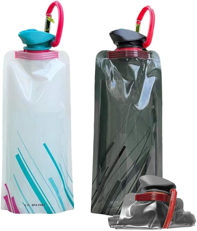 OULIGET Collapsible Water Bottles,Compact Bottle Folds Flat with Carabiner | Flat Water Bottles for Outdoor Sports Camping Traveling Biking,2 Pieces