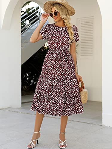 Image of Lyrur Women's Dresses Casual Summer Tiered Midi Dress Short Sleeve Belted Ruffle Babydoll Boho Sundress with Pockets