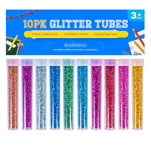 Glitter Tubes 10pk Kids Craft Glitter Shaker for Arts and Crafts Slime Wax Melts Body Makeup Nail Arts - Assorted Colours Non-Toxic Safe CE Marked
