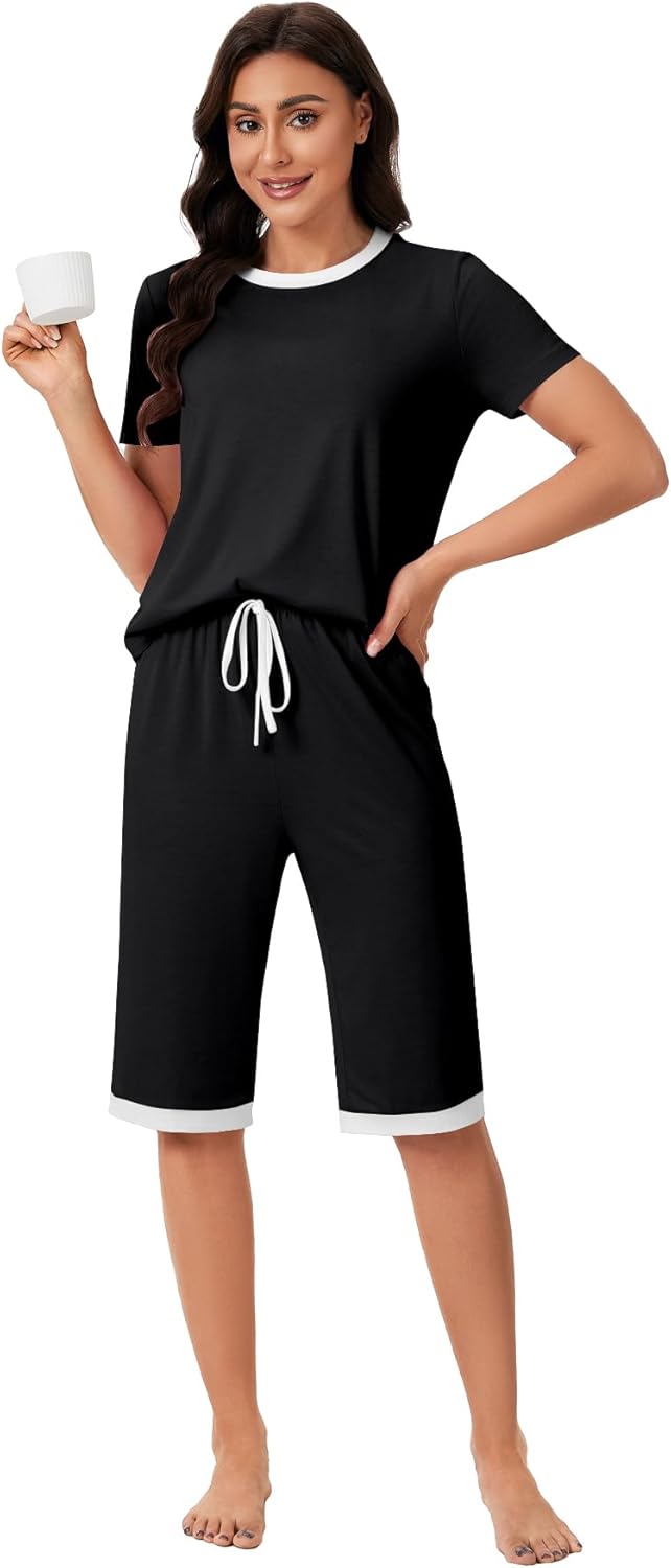 LYANER Women's Pajamas Set Short Sleeve Top and Capri Pants Lightweight Sleepwear Comfy Pjs 2 Piece Lounge Set - Image 5