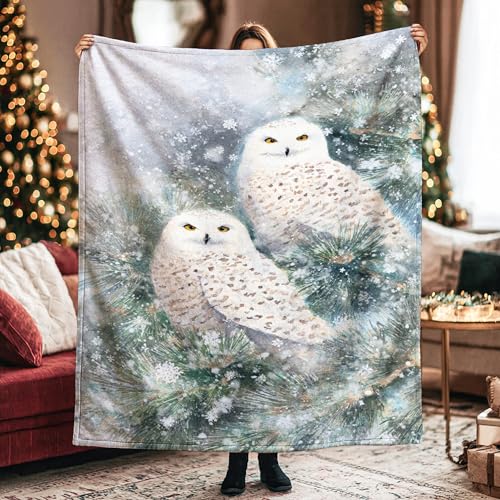 Manta con diseño de búhos, copos de nieve y pino, color blanco, suave, acogedora, decorativa para sofá, cama, dormitorio, silla, sillón reclinable de coche, 50 x 60 pulgadas