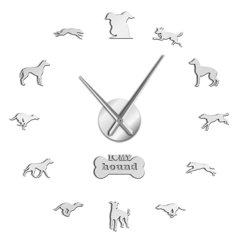 VCS Greyhound Adoption Wall Art DIY Giant Wall Clock Greyhound Home Decor Dog Breed Exclusive Wall Clock Dog Lovers Gift(Silver,27inch)