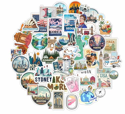 Image of LERITO Travel 2.0 Vinyl Stickers, Multicolor, 50 Pack, Waterproof Self Adhesive Decals for Laptop, Journal, Guitar, Mobile Phone