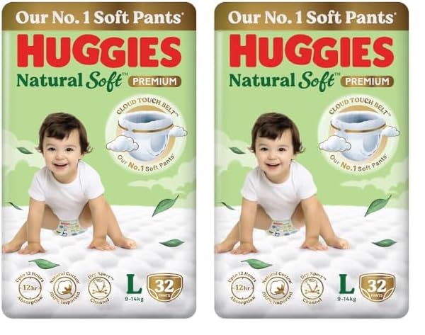Image of Huggies Natural Soft Premium Baby Diaper Pants, Our No.1 Soft Pants, Large (L) Size (9-14 Kgs), Pack of 64 diapers | Cloud Softness All over with India's 1st Cloud Touch Belt