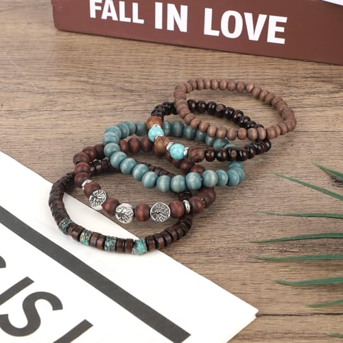 5pcs Life Tree Beaded Bracelets for Women, Multilayer Boho Bracelets Stackable Handmade Wood & Alloy Bead Elastic Bracelet Jewelry Gifts for Women Men3