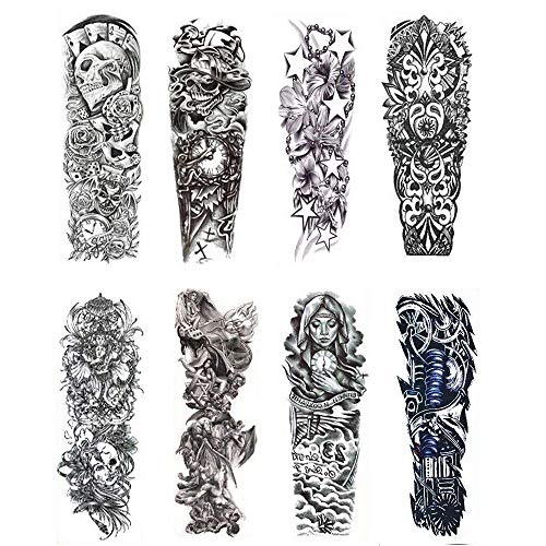 Adecco LLC 8 Sheets Full Arm Temporary Tattoos, Extra Large Fake Tattoos For