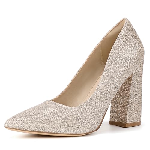 IDIFU IN4 Women's Pumps - Closed Toe Heels with Chunky Block Heels - Thick Pointed Toe Dress Shoes for Women - Wedding, Prom, Bridal, Office, Business - Comfortable, Formal, Fashion, Classic Pumps
