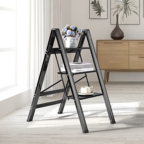 Akary 3 Step Ladder Aluminum - Lightweight Folding Step Stool, Wide Anti-Slip Pedal 300 Lbs Capacity Household Office Portable Stepladder, Black #TOP2