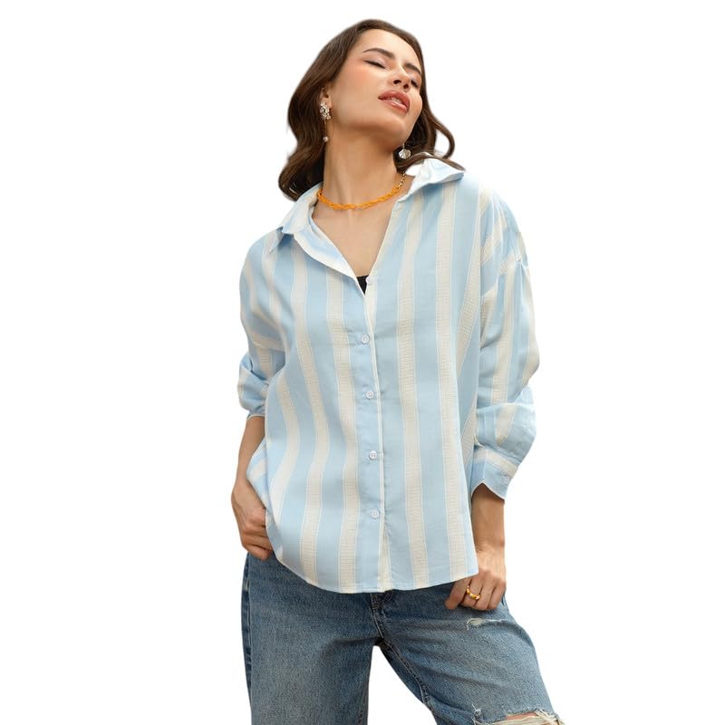 Image of PINACOLADA Women's Solid Oversized Shirt for Casual Wear | Spread Collar | Long Sleeve | Button Closure | Oversized Shirt Crafted with Comfort Fit for Everyday Wear