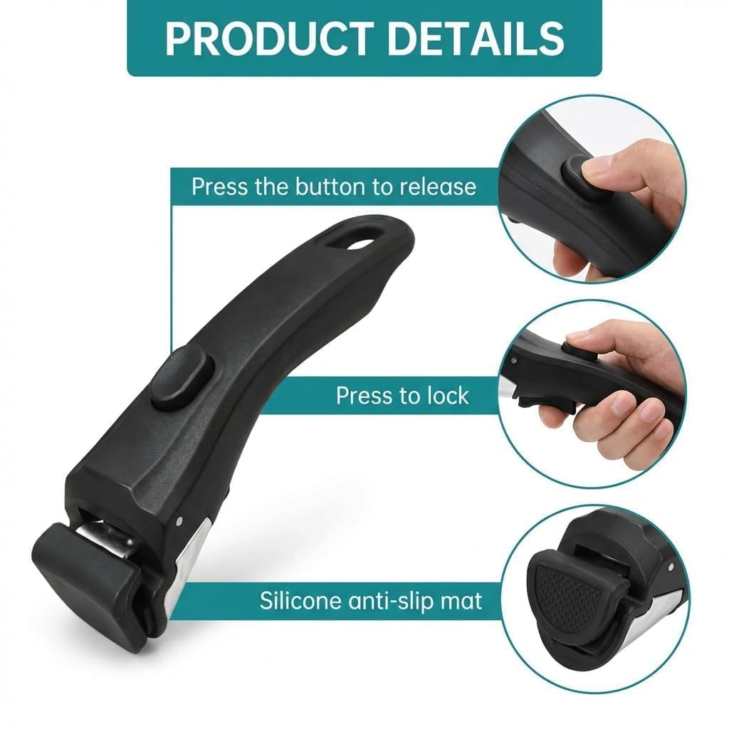 Abnehmbarer Topfgriff Hitze Rutschfester Griff für Töpfe & Pfannen, Hitzebeständiger Anti-Rutsch Griff bis 10KG Tragkraft Ersatzgriff für Abnehmbarem Griff, Ideal für Küche Camping Wohnmobil (Schwarz)