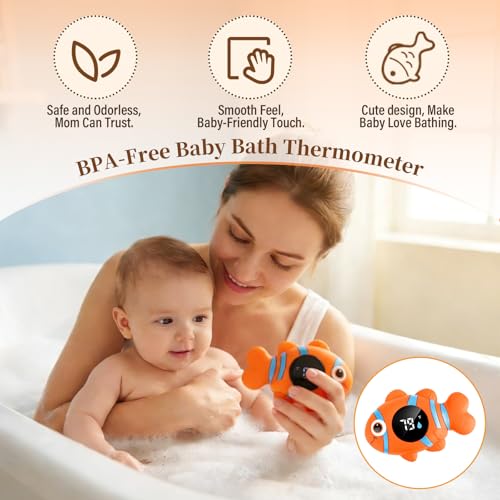 Image of Baby Bath Thermometer, with LED Display and Temperature Warning,Kids' Bathroom Safety Products, Newborn Bath Safety Toy Thermometer (Clownfish)