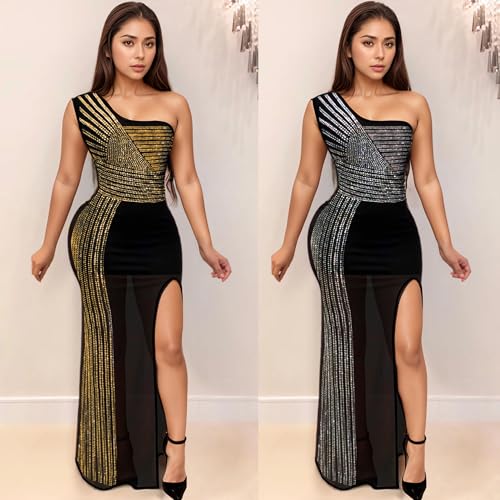 Image of PORRCEY Women's Sexy Elegant Rhinestone Bodycon Dress Hot Drilling Clubwear
