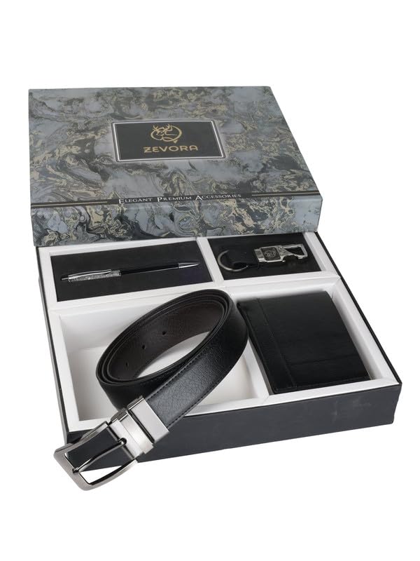 zevora Leather Belt Gift Hamper for Men I Wallet, Keychain & Pen Combo Gift Set (BLACK, Pack of 4)-picture-25