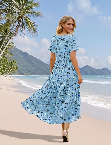 Image of YESNO Women's Summer Maxi Dresses Casual Floral Short Sleeve V Neck Boho Beach Vacation Swing Dress with Pockets EVF
