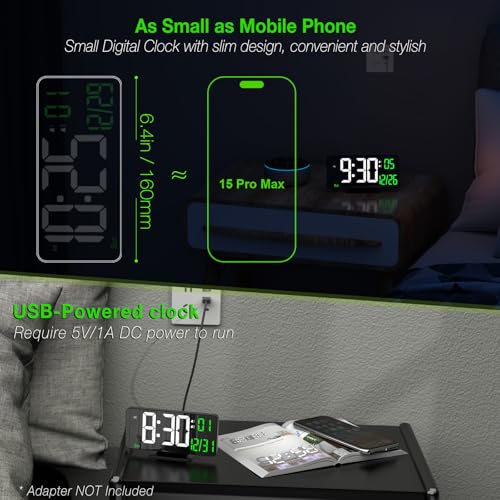 Image of KOSUMOSU Desk Clock 6.7in Black Digital Alarm Clock with Dual Alarm, Dimming, Date, Day of Week, Temp, 12h 24h, Digital LED Clock for Table Decor, Digital Calendar Mirror Clocks Essentials