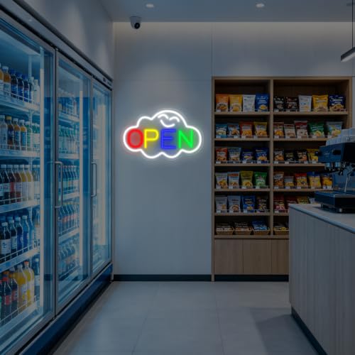 Image of Cloud Open Neon Sign For Business, Rainbow Open Welcome LED Light | USB Powered Dimmable Cloud Open Window Decor Stores Restaurants Offices Shops Bar Cafe Wall Decoration, 16.7 inchx10.6 inch