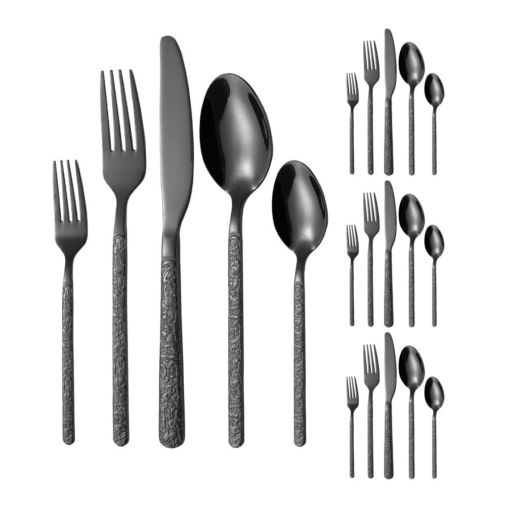 Royal Shang Youpin Stein Muster Relief Griff Küche Edelstahl Besteck Geschirr Besteck Besteck Set Steak Messer Gabel Löffel Teelöffel (Schwarz,20