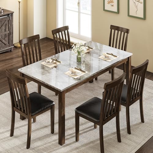 LUXOAK 7-Piece Solid Wood Dining Table Set, 71\" Faux Marble Kitchen Table with 6 Chairs, Curved Backrests & PU Cushioned Seats, Perfect for Dining Room & Living Room