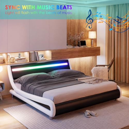 Image of Keyluv Upholstered Queen LED Bed Frame with Headboard, Modern Low Profile Platform Bed with Strong Slats Support, Faux Leather Wave-Like Bed Frame, Easy Assembly, No Box Spring Needed, Blackwhite