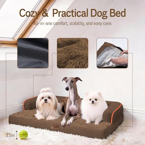 Image of Comfort Expression Washable Orthopedic Dog Bed for Extra Large Sized Dogs | Waterproof Memory Foam Pet Bed 42x30 Inch with Removable Cover with Non-Slip & Bolster, Dark Brown
