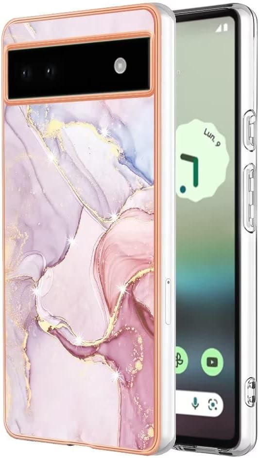 Google Pixel 6A Case - Glitter Marble Design - Slim Soft TPU Silicone Shockproof Bumper Protective Case - Rose Gold