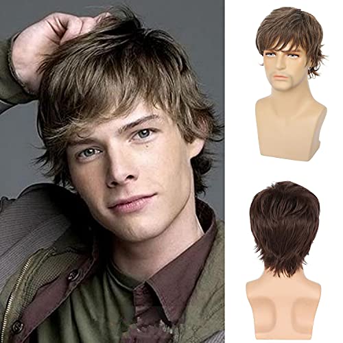 Beweig Mens Short Brown Wigs Natural Layered Fluffy Wigs Synthetic Hair Wig for Halloween Costume Cosplay with Wig Cap