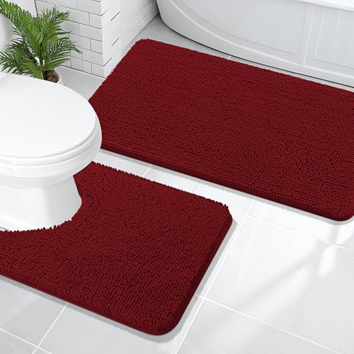 Image of OLANLY Bathroom Rugs Sets 2 Piece, Soft Absorbent Chenille Bath Mats and U-Shaped Contour Toilet Mat Area Rug Set, Machine Washable Bath Carpet, Home Decor Accessories(47 inchx20 inch+24 inchx20 inch, Red)