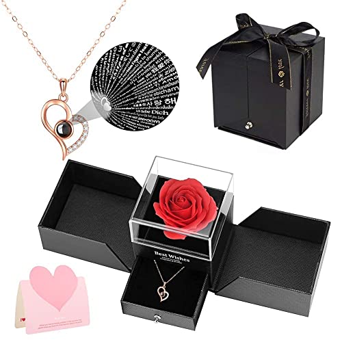 Handgefertigte Konservierte Rosen Schmuck-Geschenk Box mit Halskette für sie, Liebe Sie Halskette in 100 Sprachen Rosen Geschenke für Frauen für Birthday Valentinstag, Hochzeitstag Geschenke Roségold Cover